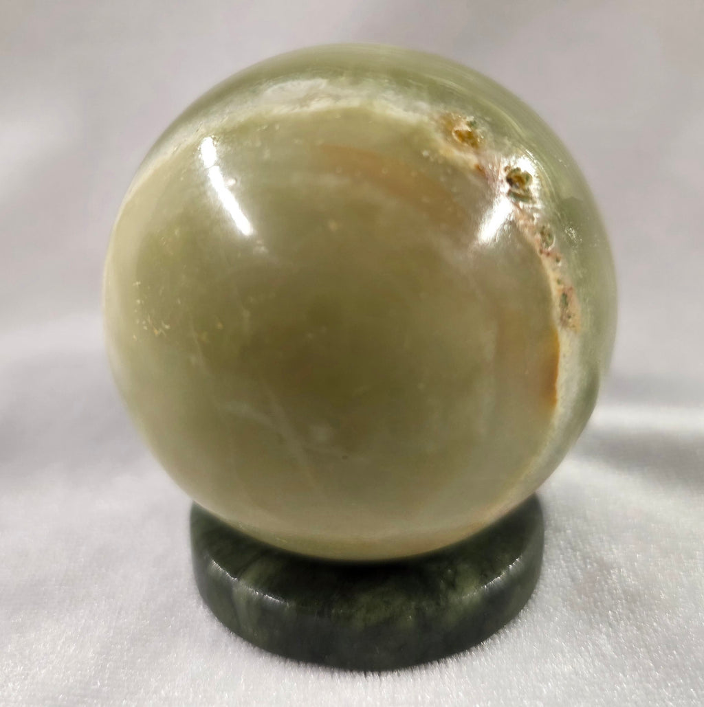 Green Onyx Sphere with Spinach Jade Stand
