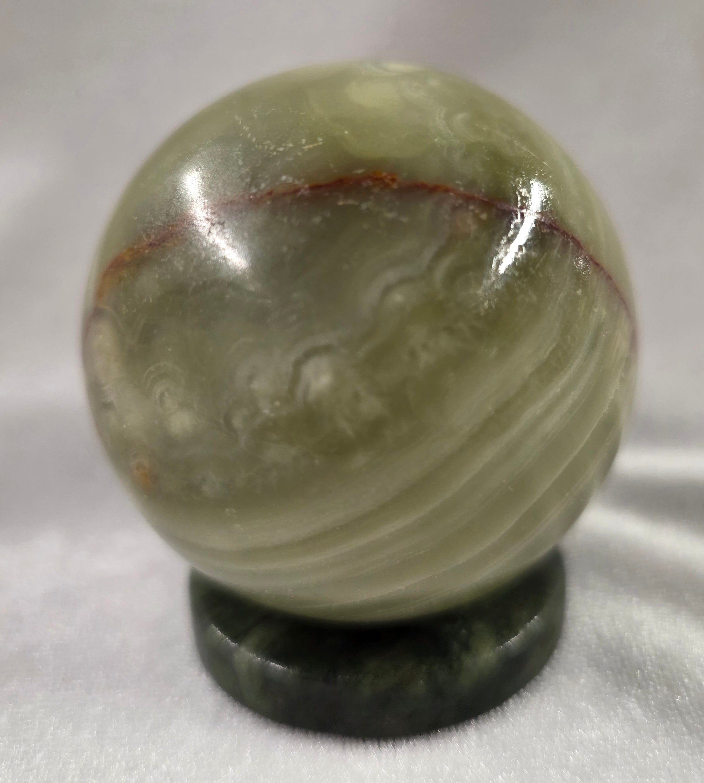 Green Onyx Sphere with Spinach Jade Stand