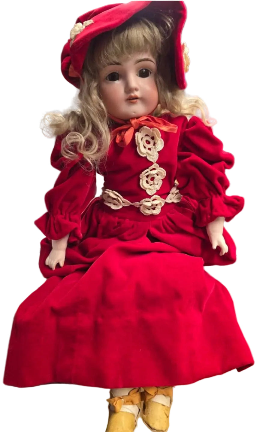 Vintage German Bisque Kestner Doll (Red Dress/Bonnet)